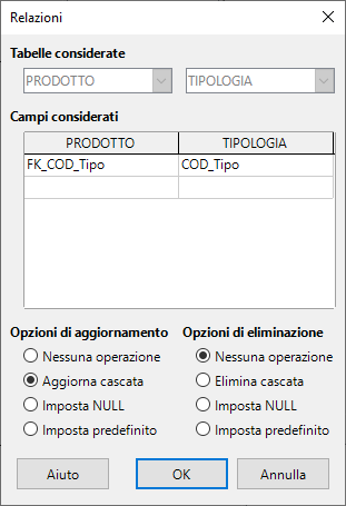 Dialog Relazioni con opzioni cascata
