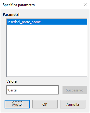 Dialog parametro con valore Carta