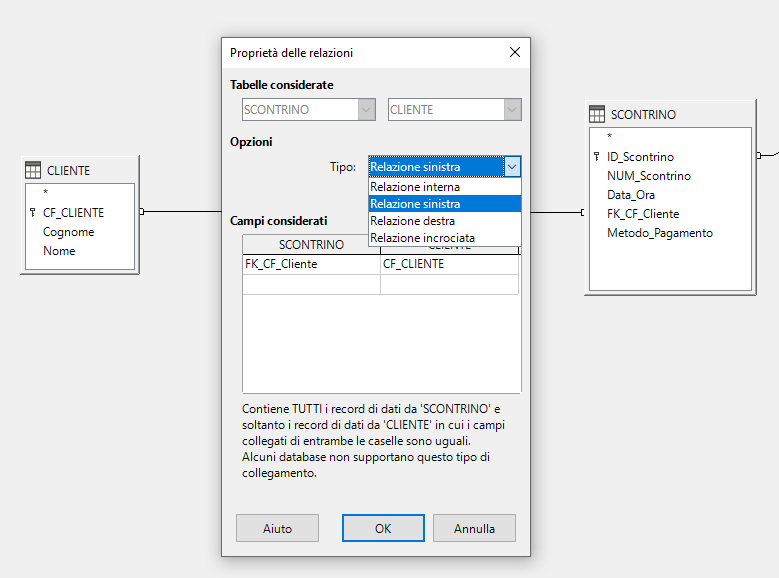 Dialog Proprietà delle relazioni con dropdown aperto sui 4 tipi di join