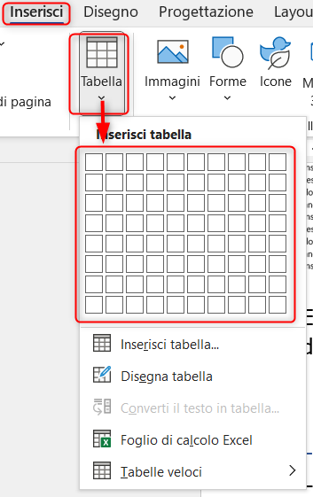 Menu Inserisci Tabella