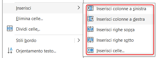 Menu inserisci righe colonne