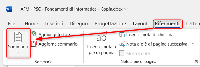 Menu Riferimenti Sommario
